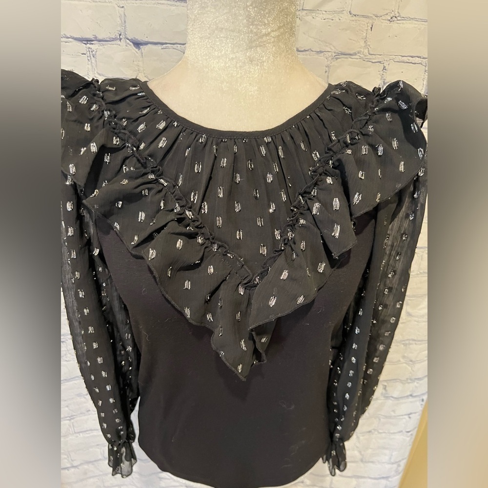 Ann Taylor Lift Shimmer Dotted Ruffle Yoke Mixed Media Top Small Petite - Picture 3 of 7